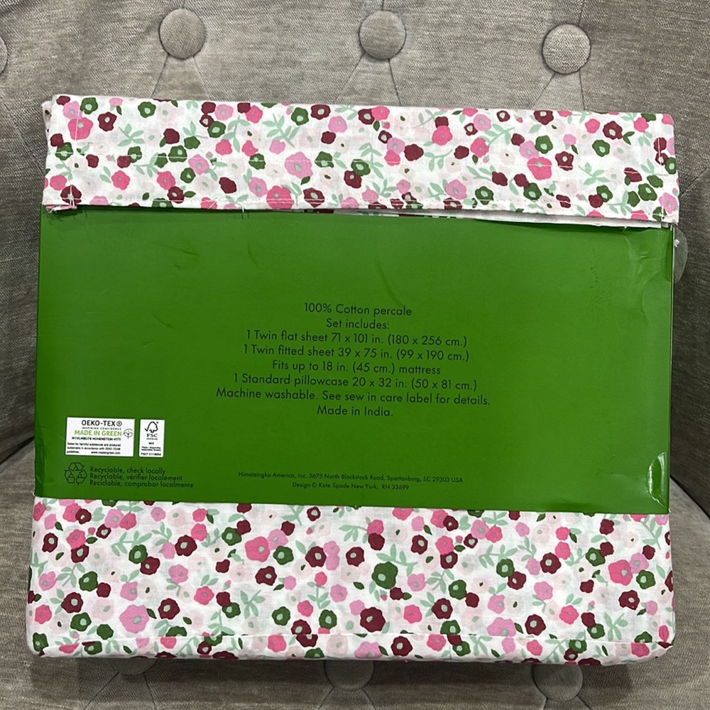 Kate Spade NY Percale Cotton Floral Pattern Multicolored 3 Pc Twin Sheet NWT
